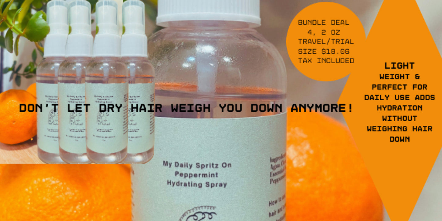 Bundle Pack of 4, 2 oz, All Natural Hydrating Spritz On, Leave In Peppermint Spray