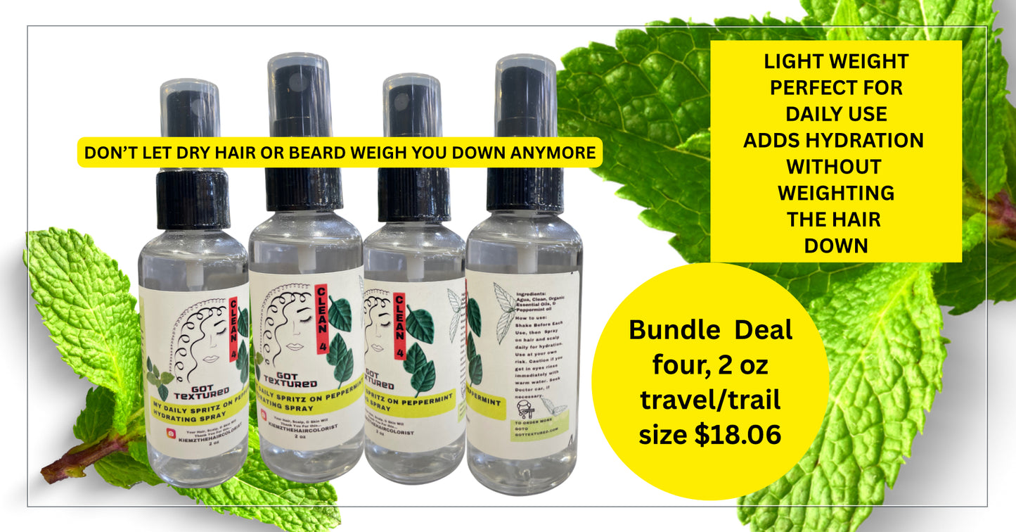 Bundle Pack of 4, 2 oz, All Natural Hydrating Spritz On, Leave In Peppermint Spray