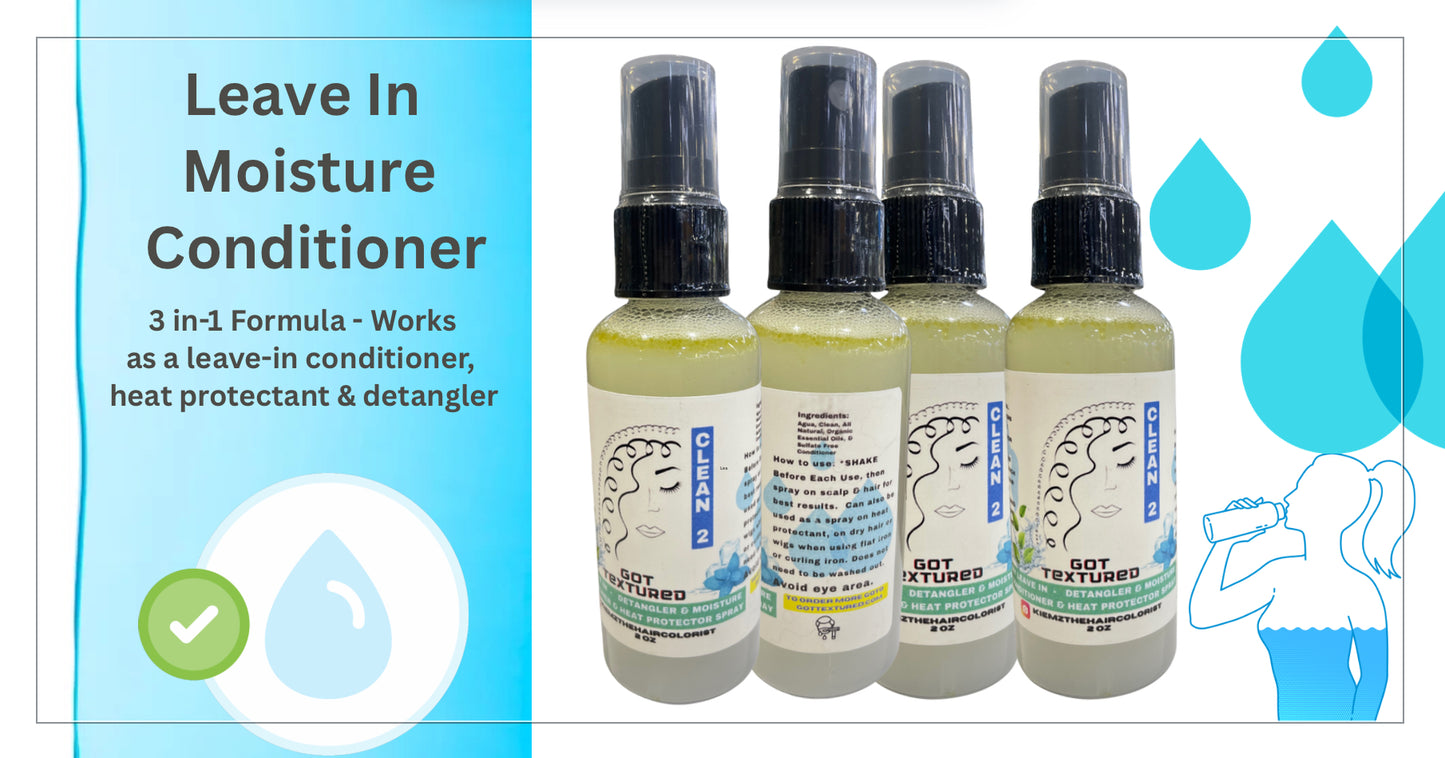 Bundle Pack of 4, 2 oz travel/trial size, Organic & Clean Ingredients Leave In Moisture Detangling Conditioner Spray 2 in 1 Heat Protectant Spray